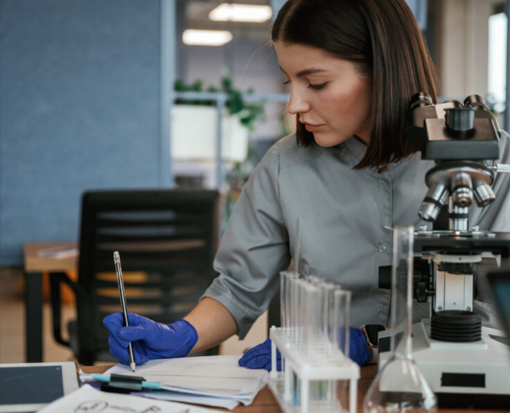 In the lab with microscope. Female doctor in coat is indoors.